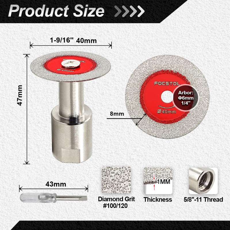 FOCSTOL Mini Diamond Glass Cutting Disc - 5pcs 1-9/16 Inch(40mm) Glass Saw Blade and 1pc 5/8''-11 Flange for Glass Jade Marble Granite Artificial Stone Porcelain Tile Ceramic - Image 2